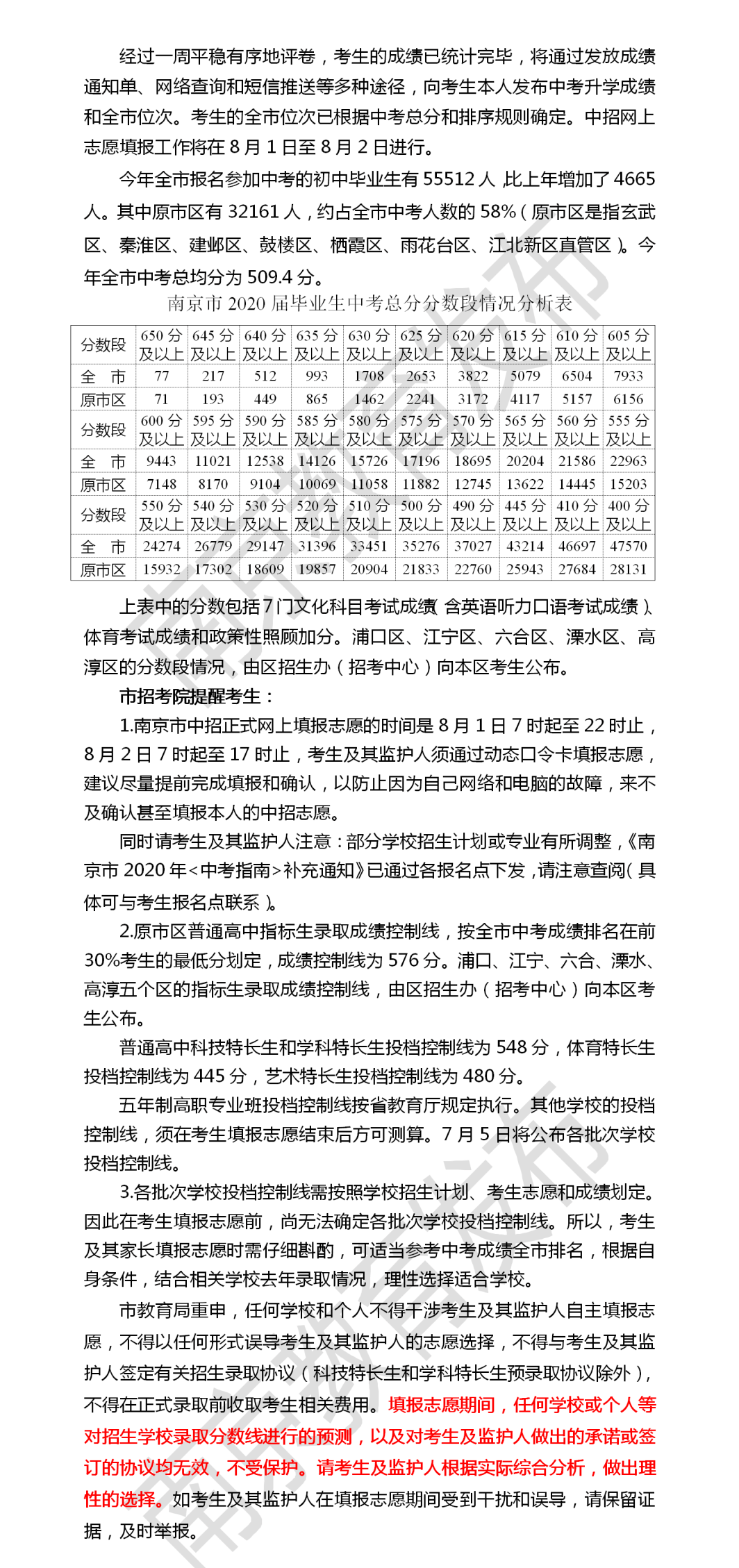 南京市中招投檔控制線揭曉?。▋?nèi)附總分分?jǐn)?shù)段情況分析表）